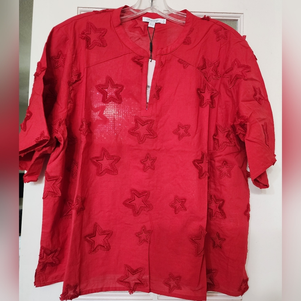 Chico's Red Star Embroidered Blouse